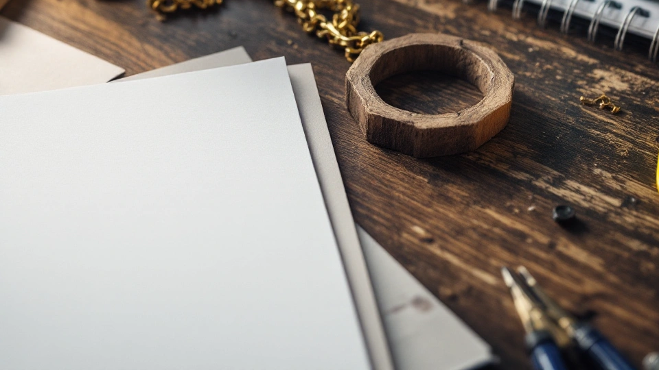 Blank paper, a wooden ring and binder clips on a workbench