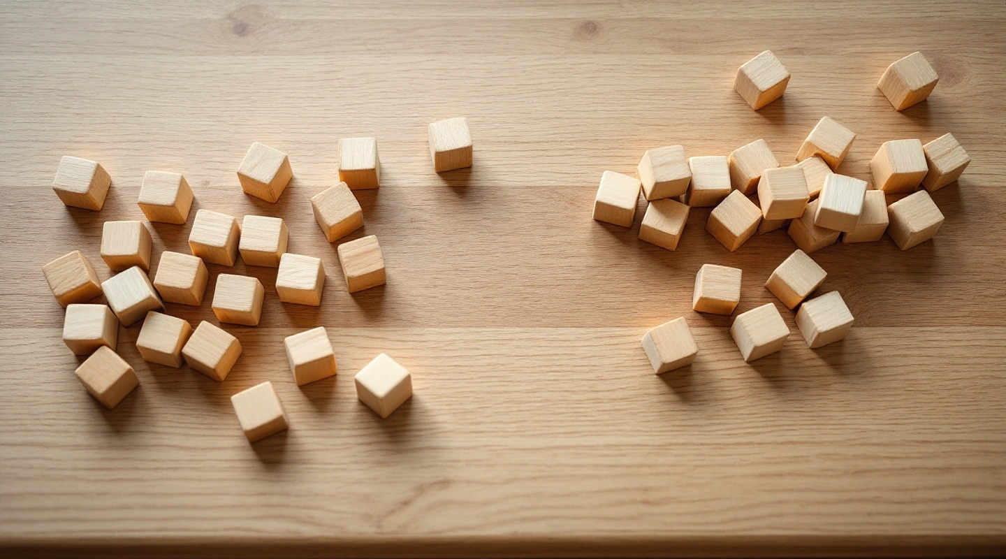 Plain wooden blocks grouped on a workbench for counting quantities