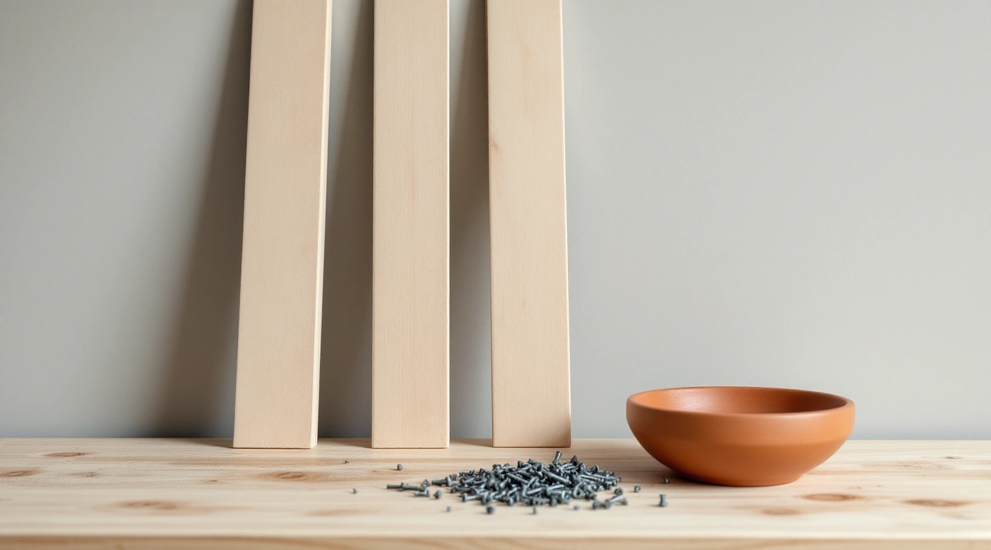 Unfinished timber, loose screws and a plain bowl on a repair workbench
