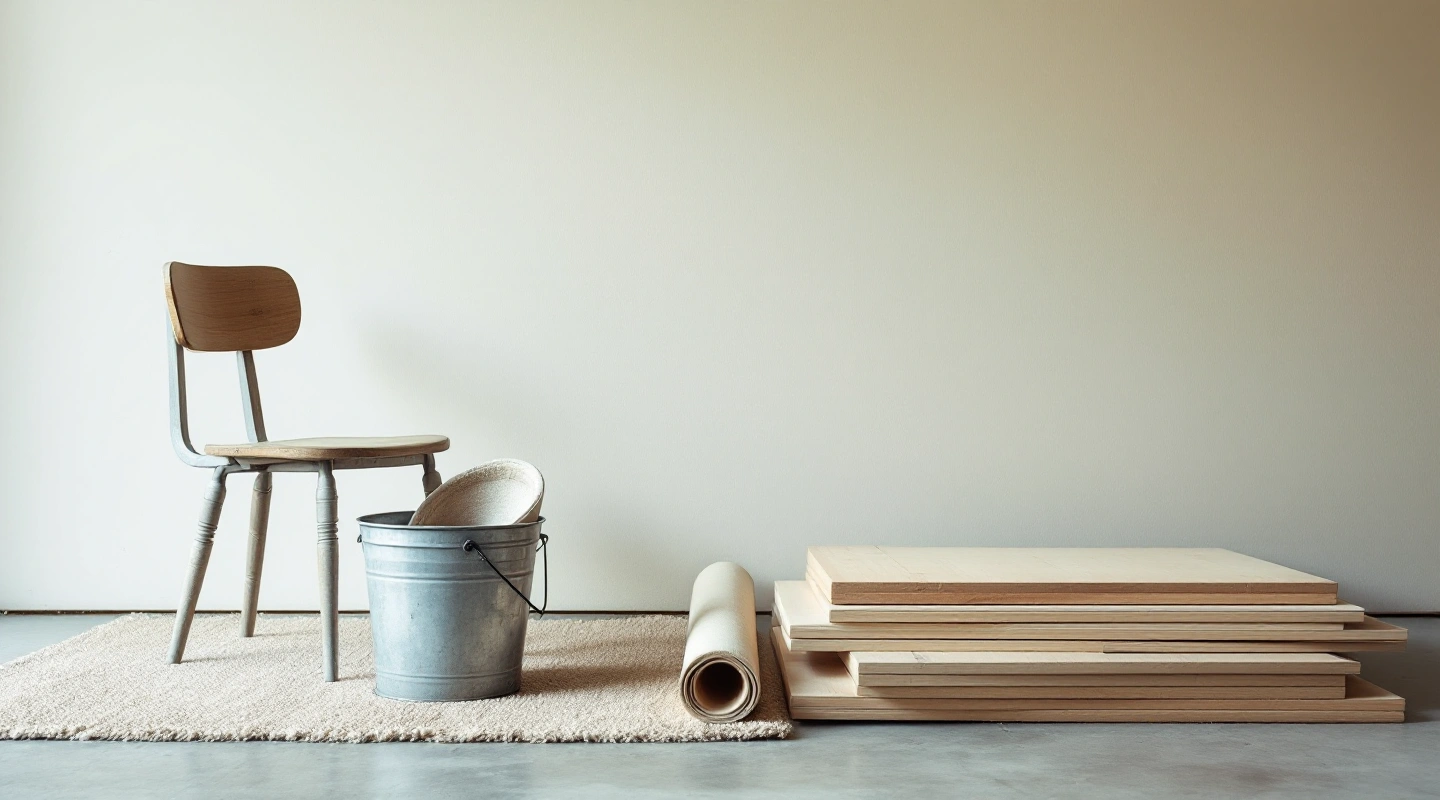 Wooden chair, metal bucket, rolled rug and timber grouped for removal