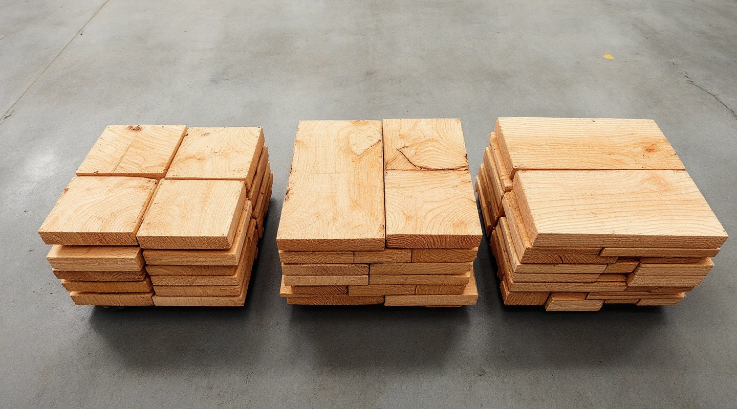 Stacks of raw timber offcuts on a concrete floor