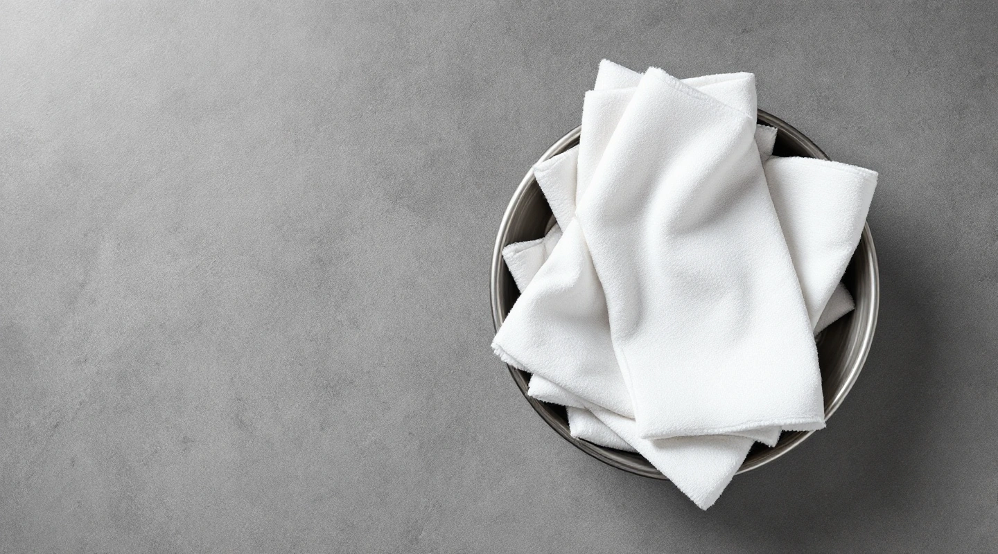 Folded white cloths in a plain metal basin