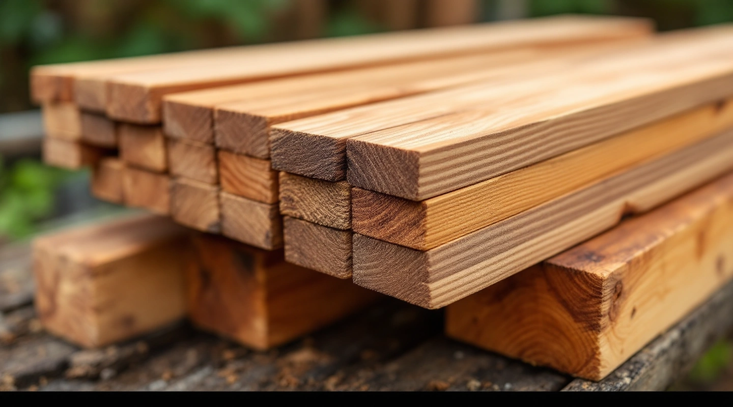 Unfinished cedar boards stacked on timber supports