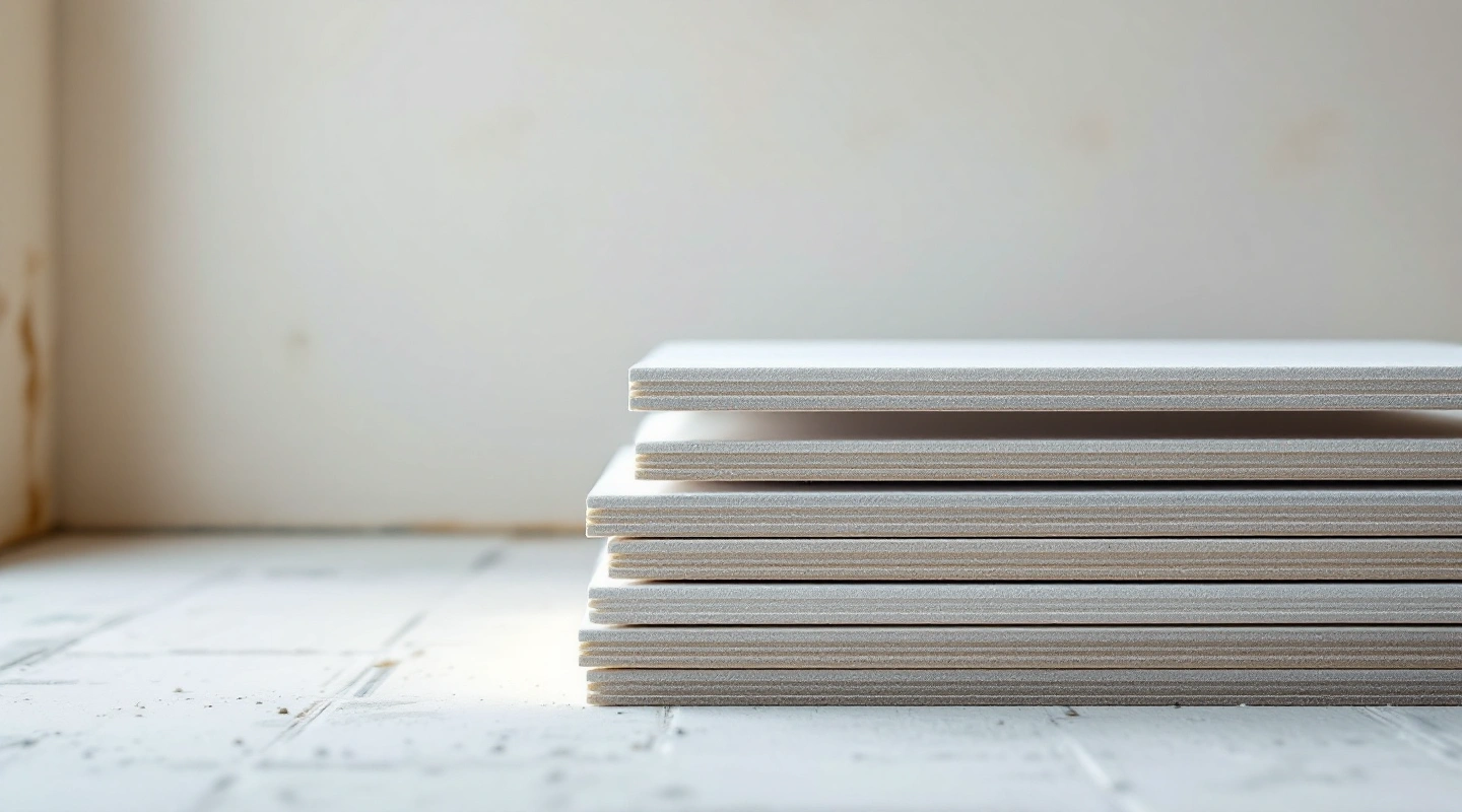 Stacked plain drywall panels with exposed gypsum edges