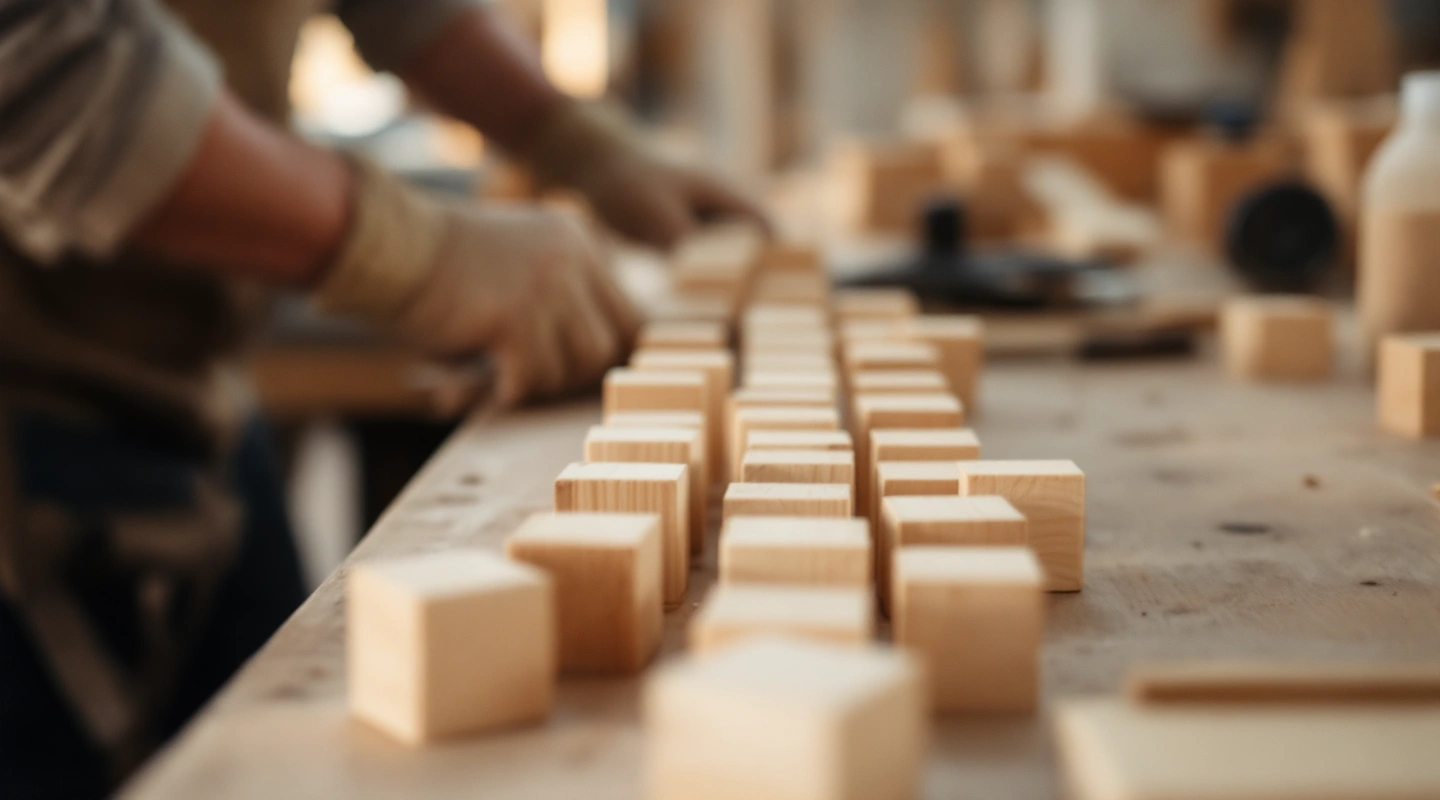 Raw wooden blocks arranged on a bare workbench