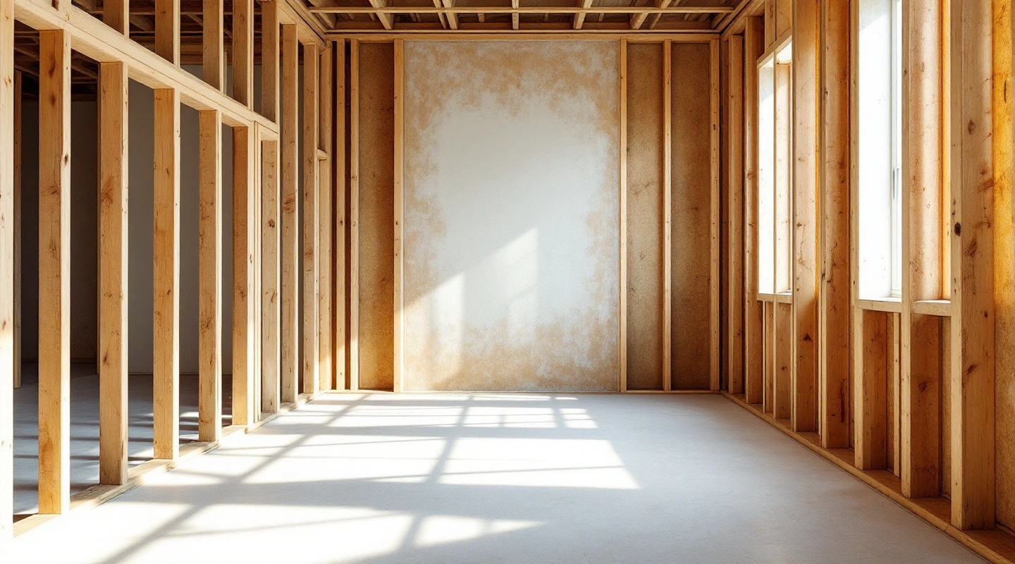 Empty timber-framed room with a bare subfloor