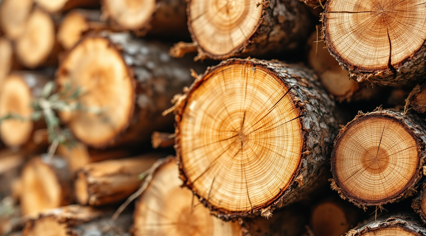Cut tree rounds showing growth rings and bark