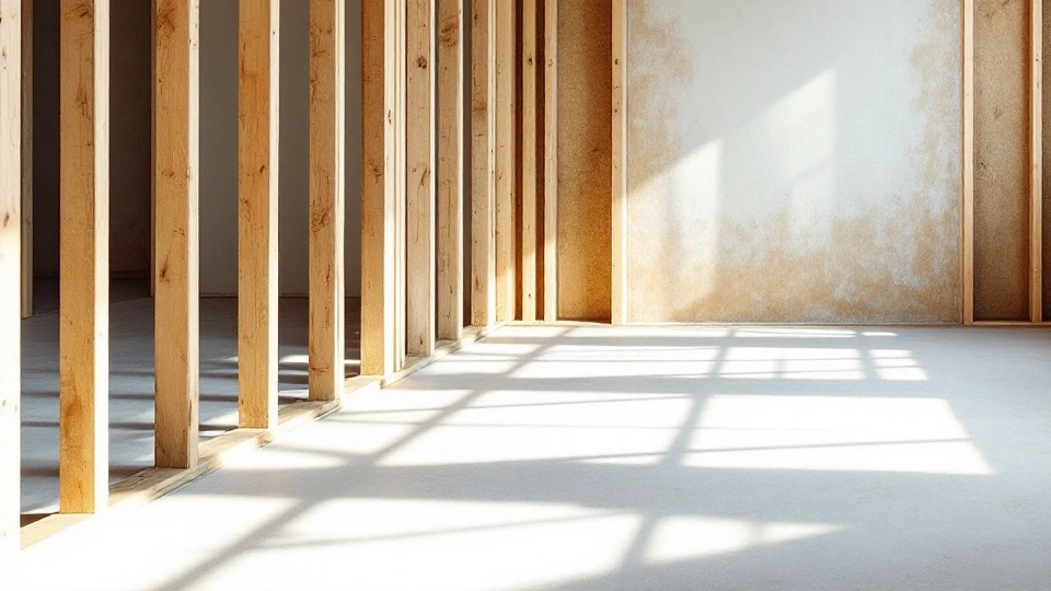 Timber wall studs and daylight shadows across a bare subfloor