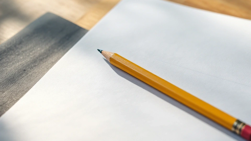 Close view of a yellow pencil across blank paper on a workbench