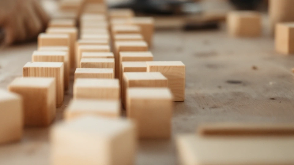 Close view of plain wooden blocks arranged across a workbench