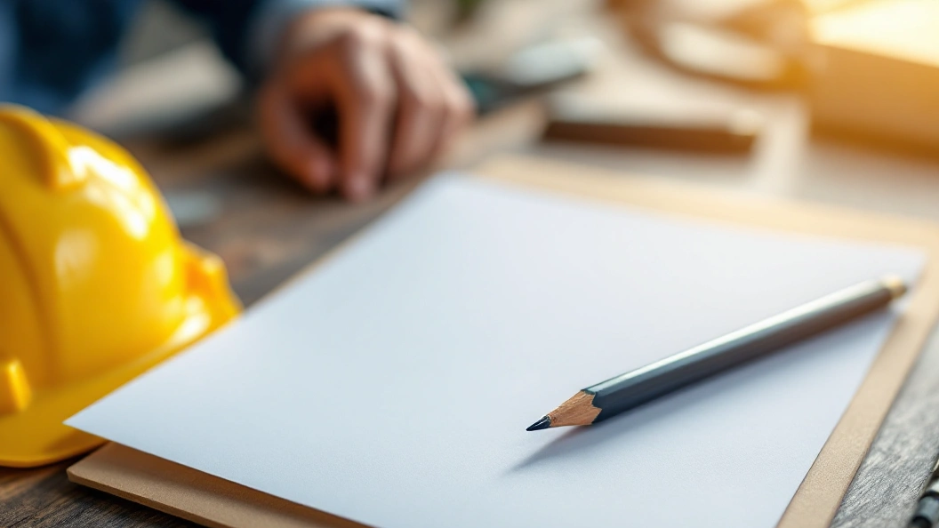 Blank paper and a pencil beside a yellow hard hat