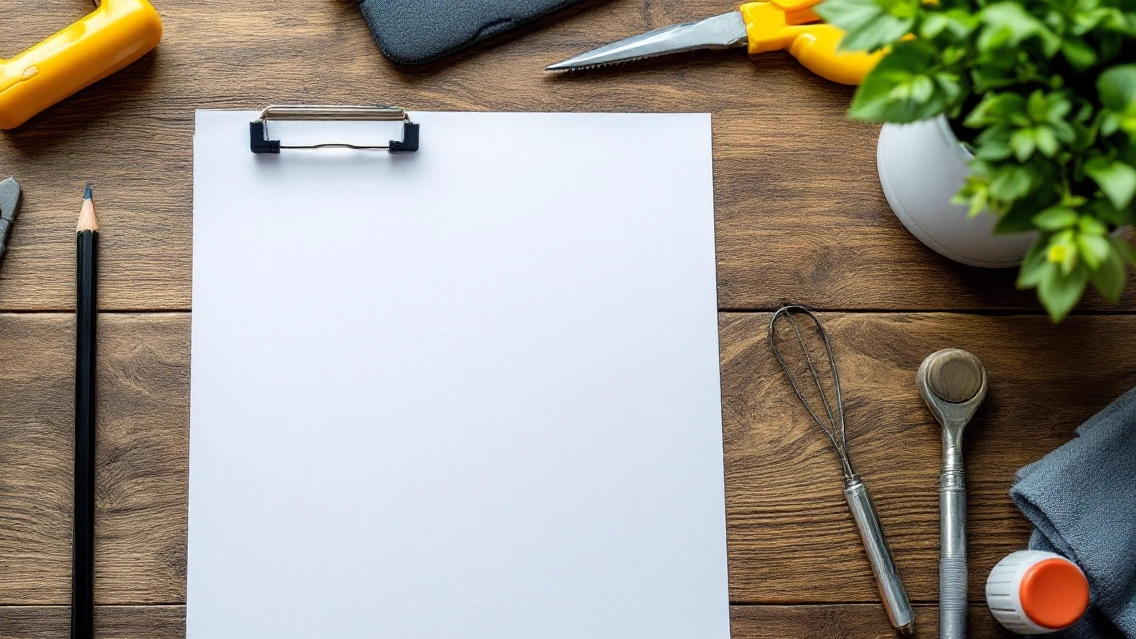 Blank clipboard, a pencil and cleaning tools on a wooden desk