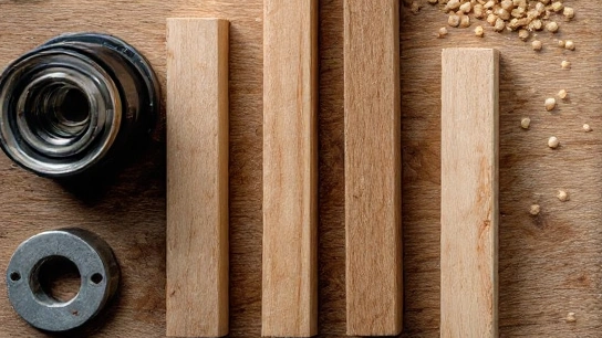 Short lengths of bare timber arranged beside metal fittings