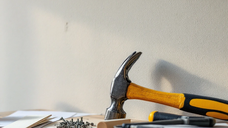 Claw hammer against a plain workshop wall above a workbench