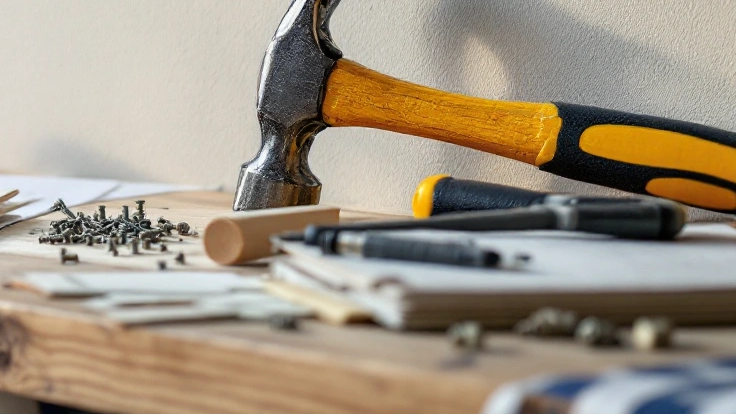 Loose screws, a wooden dowel and hand tools on a workbench